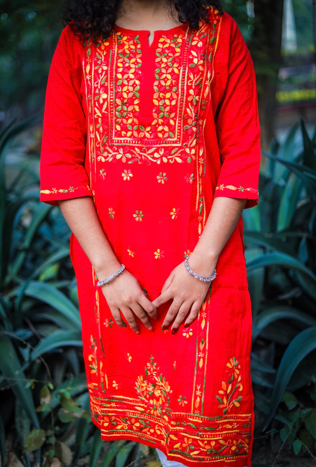 Red Chikankari Kurti with Multi-Colour Thread Work