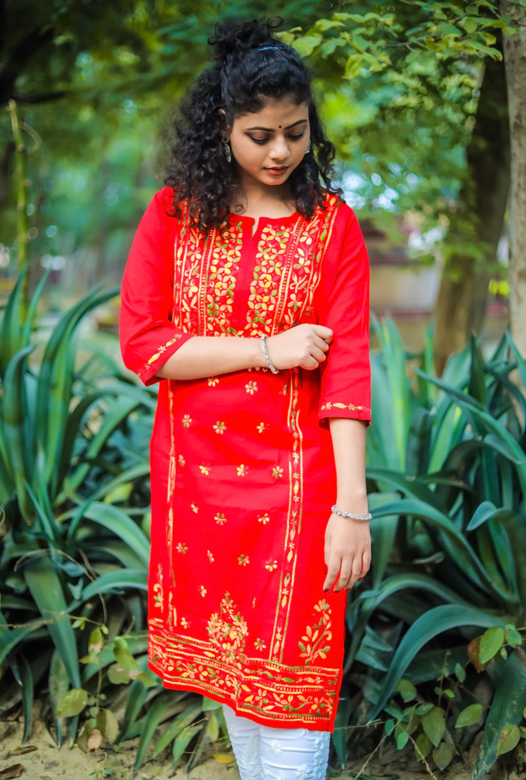 Red Chikankari Kurti with Multi-Colour Thread Work