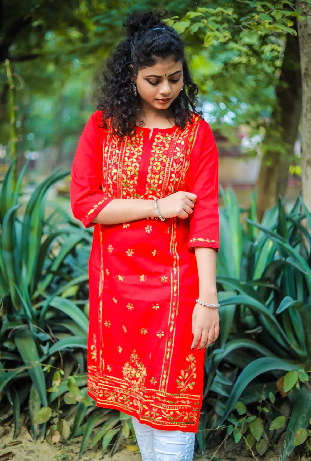 Red Chikankari Kurti with Multi-Colour Thread Work