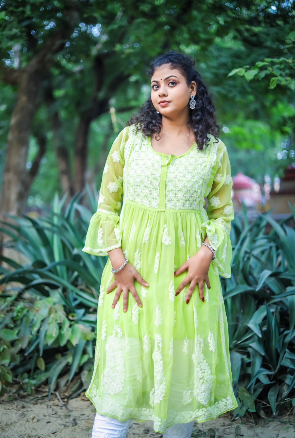 Lime Green Georgette Chikankari Kurti