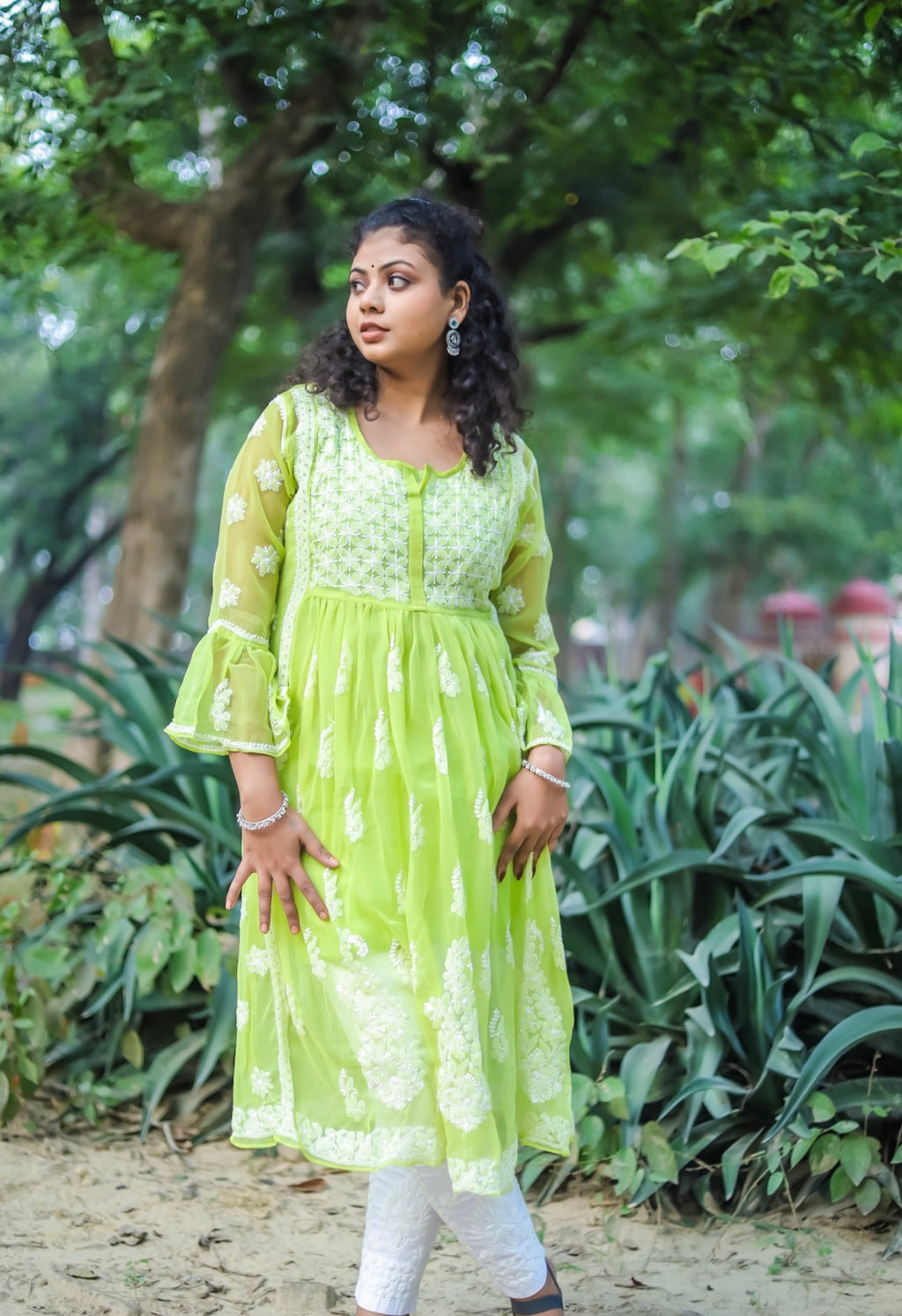 Lime Green Georgette Chikankari Kurti