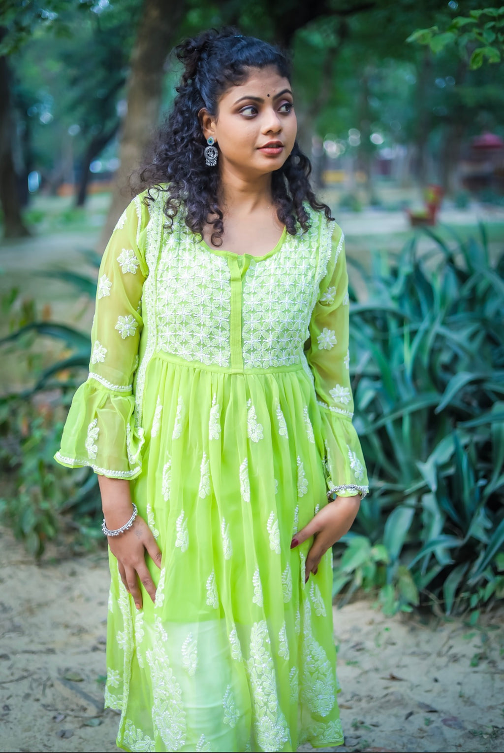 Lime Green Georgette Chikankari Kurti