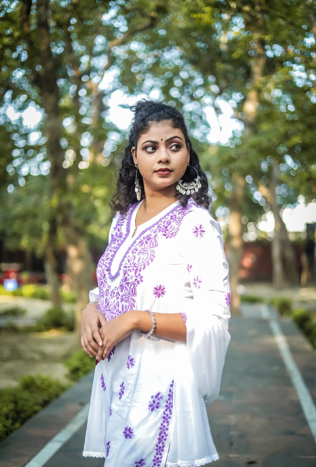 White Mal Cotton Chikankari Kurta Pant Set with Purple Thread Work