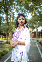White Mal Cotton Chikankari Kurta Pant Set with Purple Thread Work
