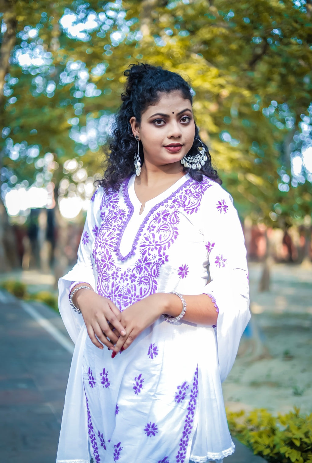 White Mal Cotton Chikankari Kurta Pant Set with Purple Thread Work