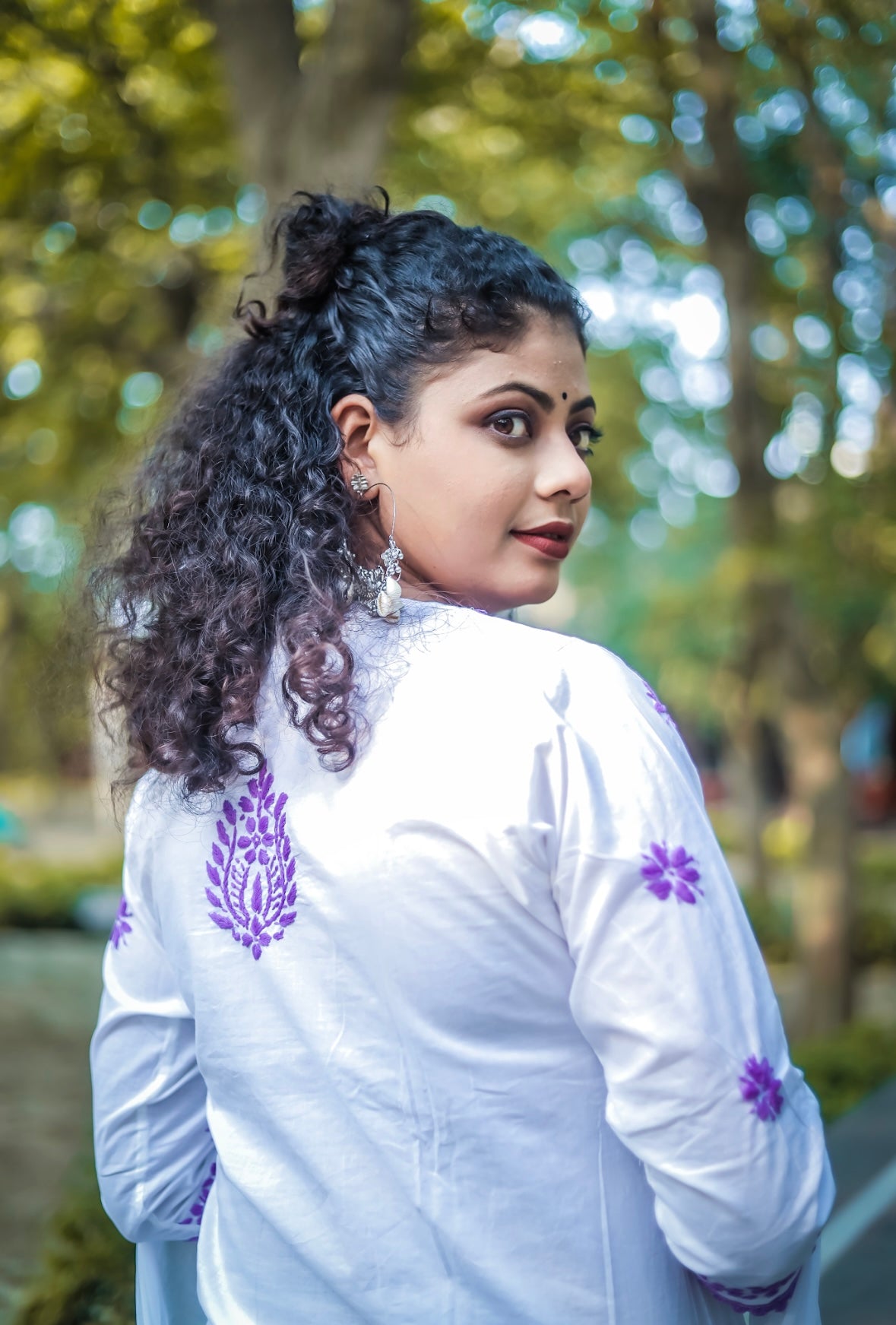 White Mal Cotton Chikankari Kurta Pant Set with Purple Thread Work