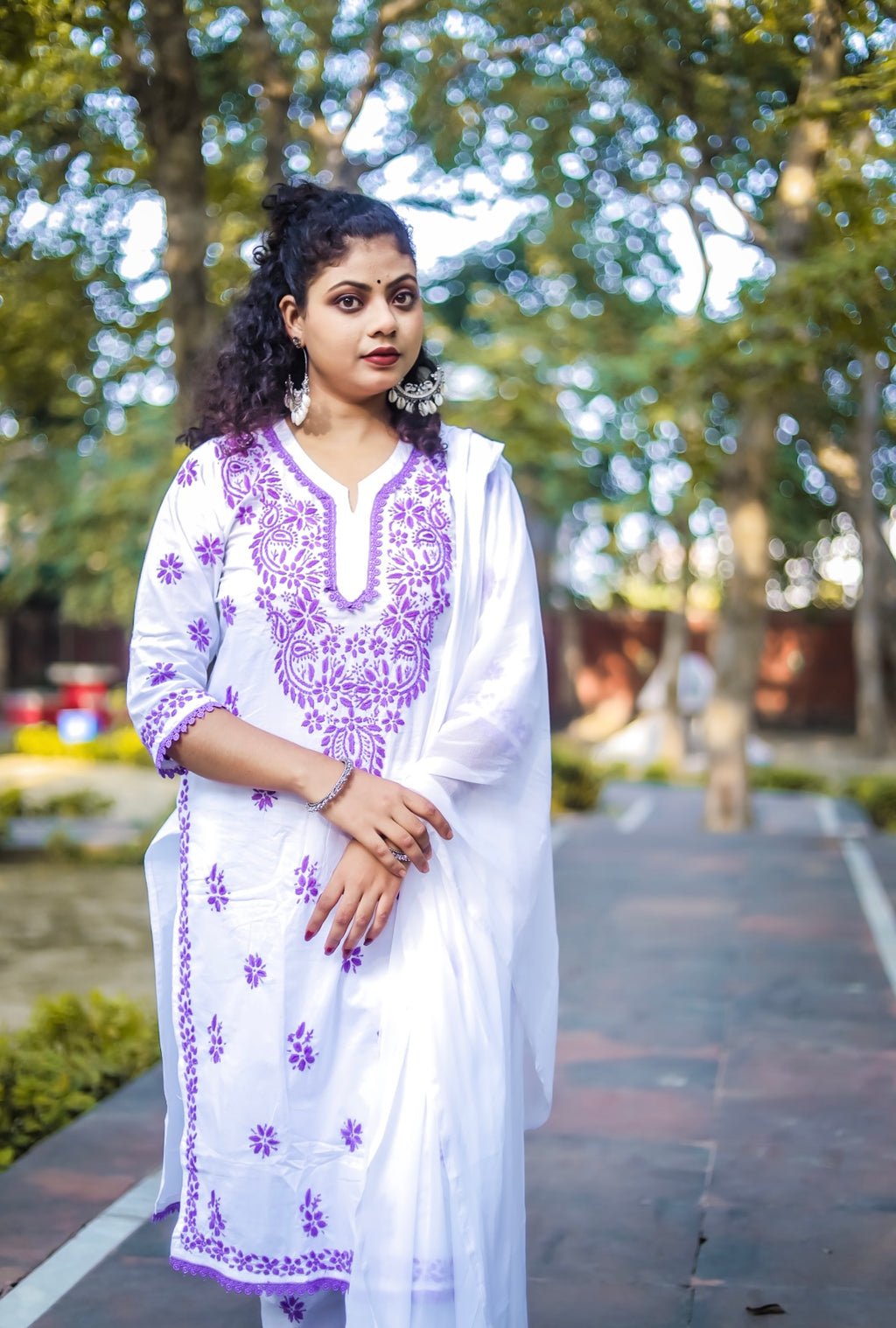 White Mal Cotton Chikankari Kurta Pant Set with Purple Thread Work