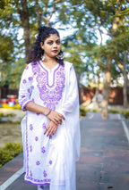 White Mal Cotton Chikankari Kurta Pant Set with Purple Thread Work