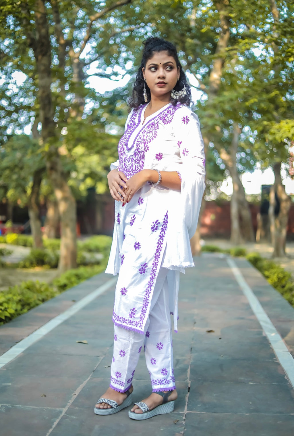 White Mal Cotton Chikankari Kurta Pant Set with Purple Thread Work