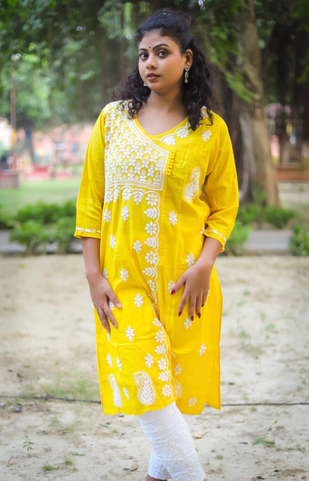 Yellow Angrakha Cotton Chikankari Kurta