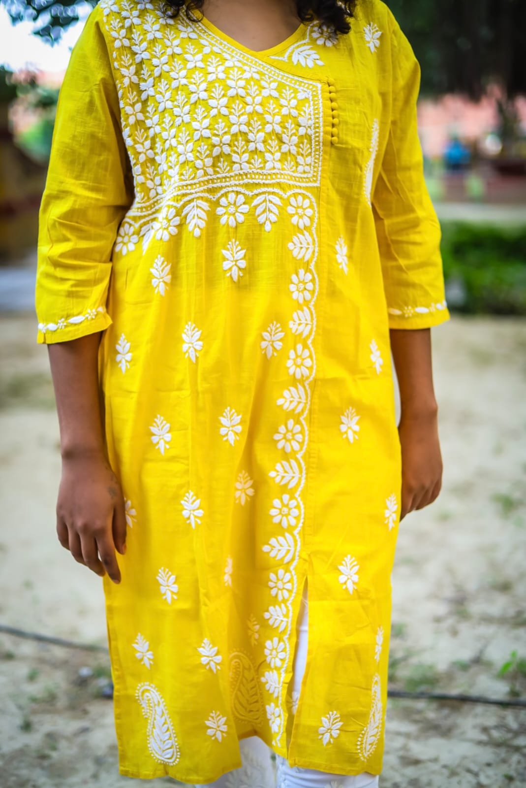 Yellow Angrakha Cotton Chikankari Kurta