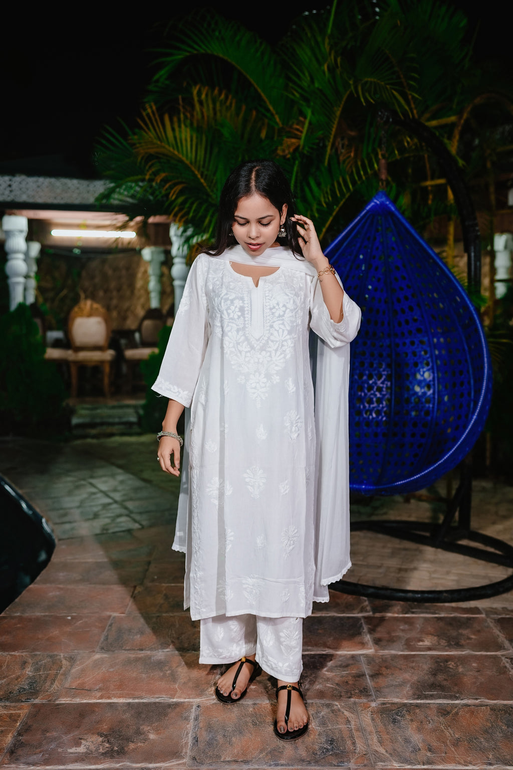 White Rayon Chikankari Kurti and Plazzao Set