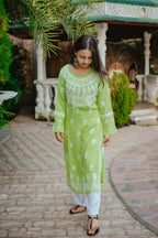 Soft Green Modal Chikankari Kurti with Paisley Motifs