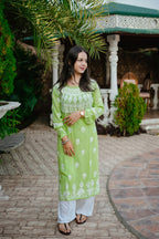 Soft Green Modal Chikankari Kurti with Paisley Motifs