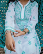 White Mal Cotton Chikankari Kurta Pants Set with Green Thread Work