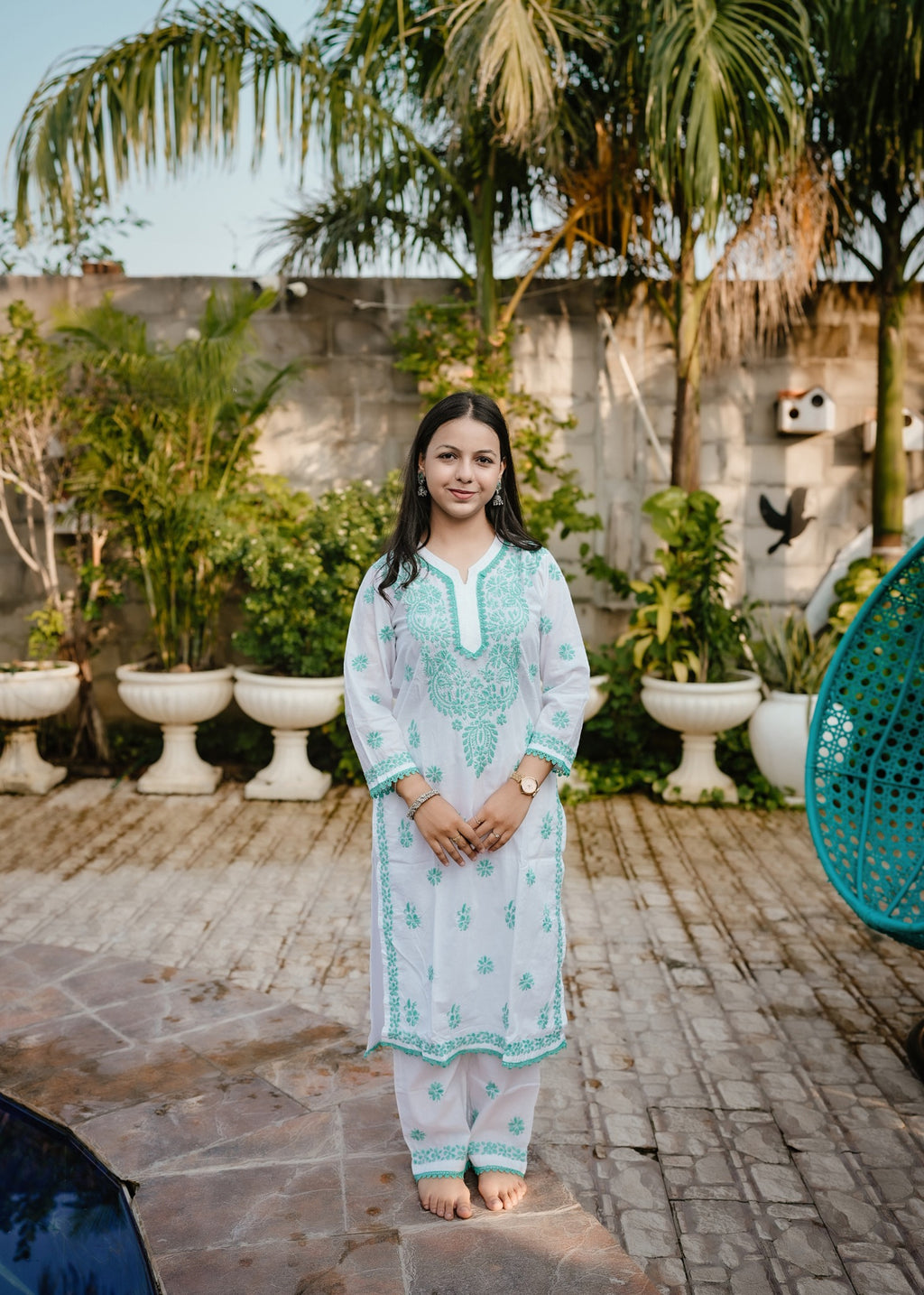 White Mal Cotton Chikankari Kurta Pants Set with Green Thread Work