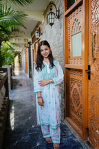 White Mal Cotton Chikankari Kurta Pants Set with Green Thread Work