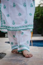 White Mal Cotton Chikankari Kurta Pants Set with Green Thread Work