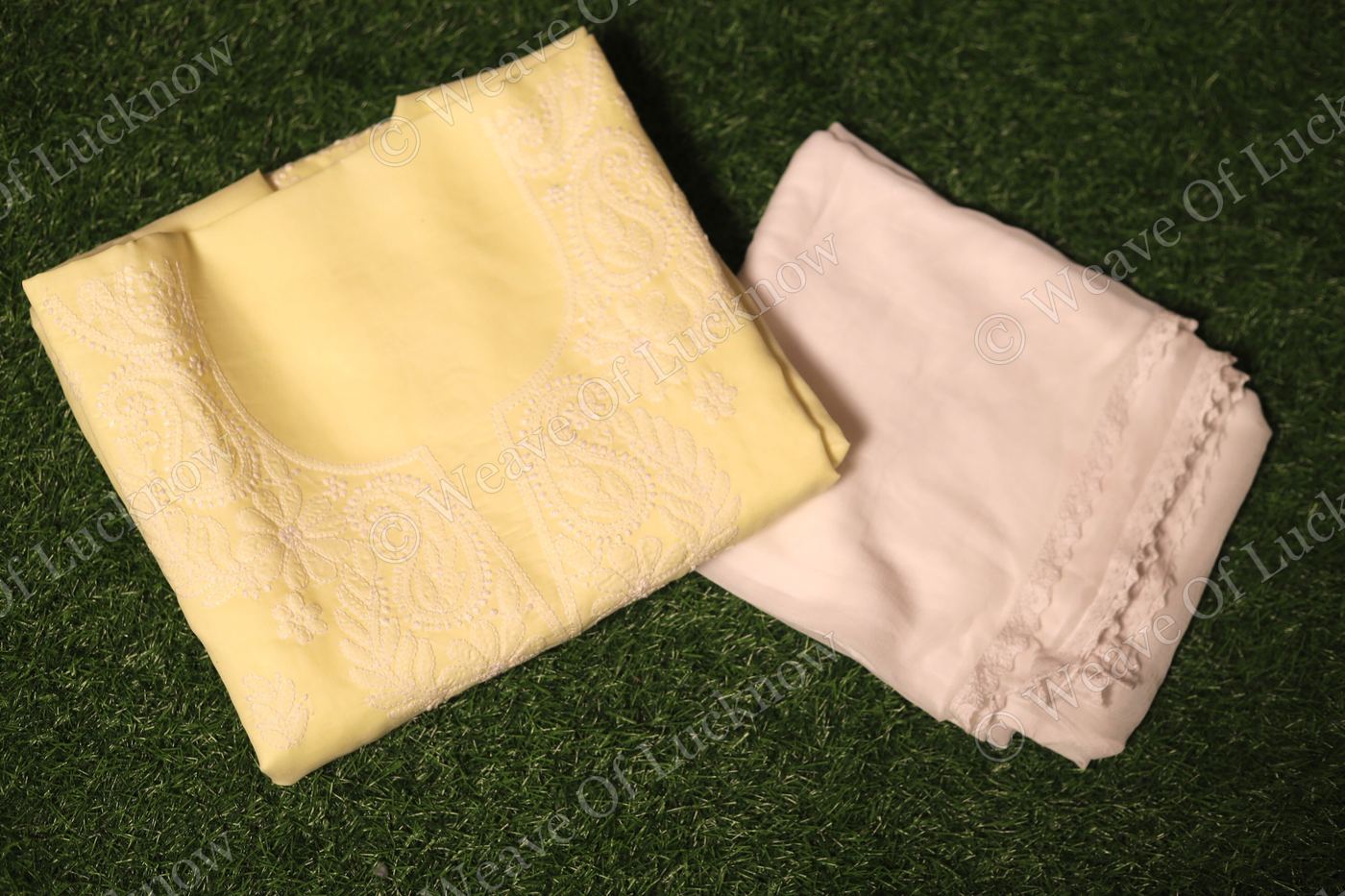 Light Yellow Hand-Embroidered Chikankari Unstitched Dress Material photo 3