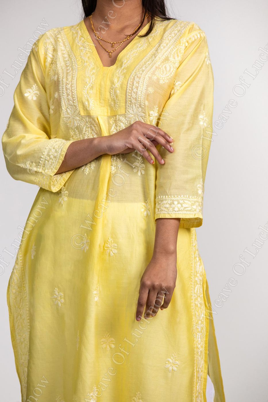 Lemon Yellow Hand-Embroidered Chanderi Chikankari Kurti photo 3