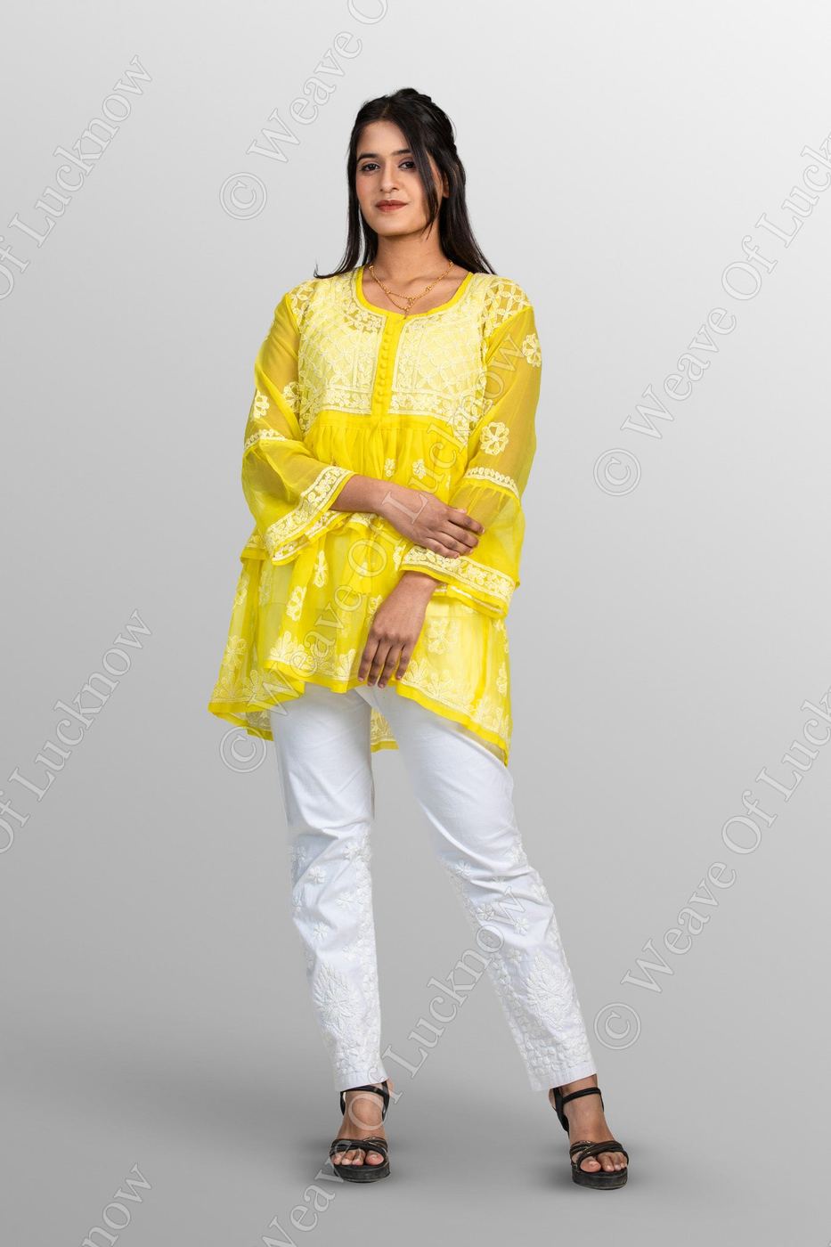 Sunbeam Yellow Tiered Georgette Chikankari Short Kurti photo 2
