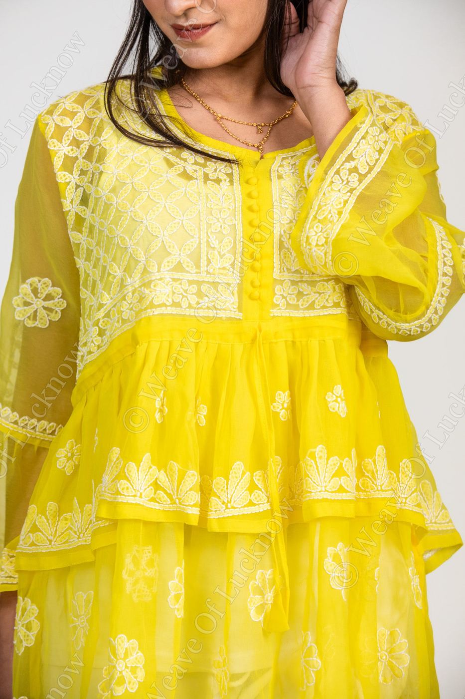 Sunbeam Yellow Tiered Georgette Chikankari Short Kurti photo 3