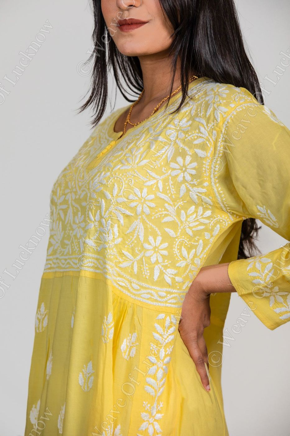 Lemon Yellow Modal Hand-Embroidered Chikankari Kurta photo 3