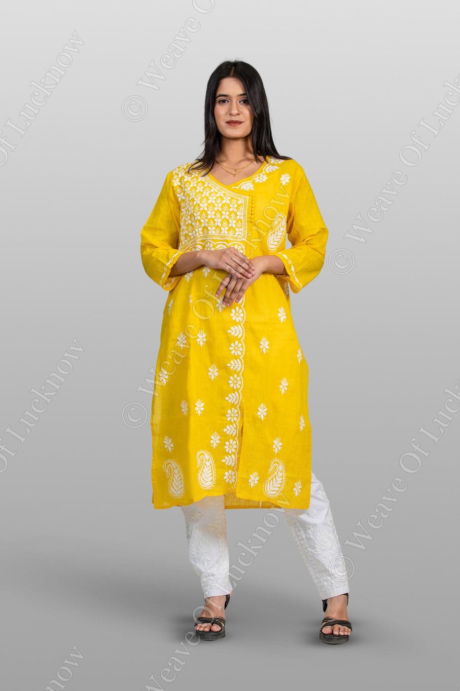 Yellow Angrakha Cotton Chikankari Kurta