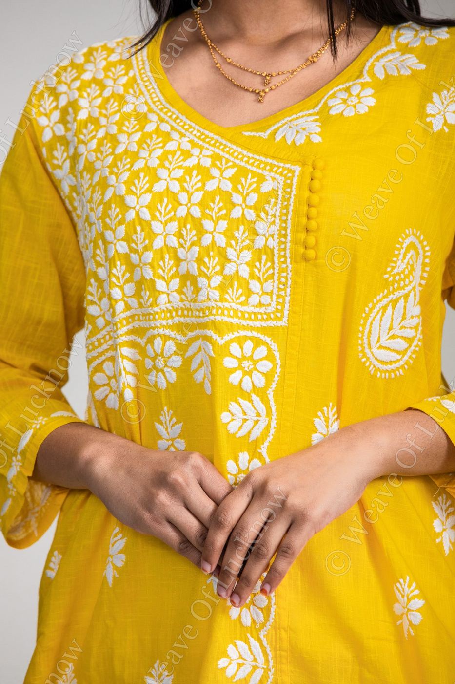 Yellow Angrakha Cotton Chikankari Kurta photo 4