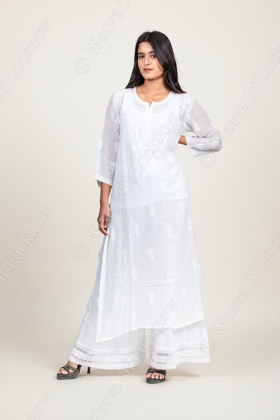 Viscose White-on-White Chikankari Long Kurti