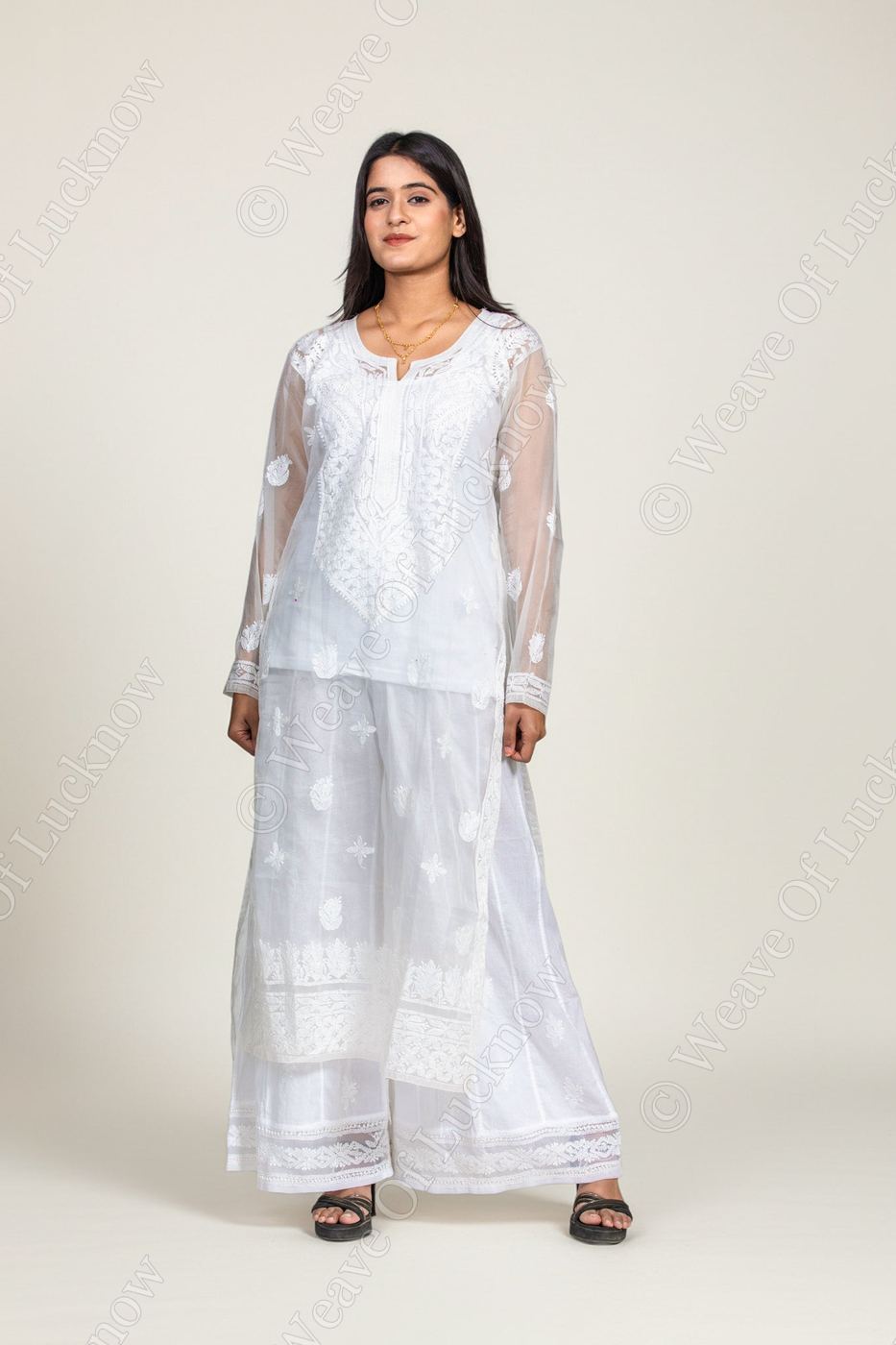 White Organza Chikankari Kurti with Paisley & Booti Work