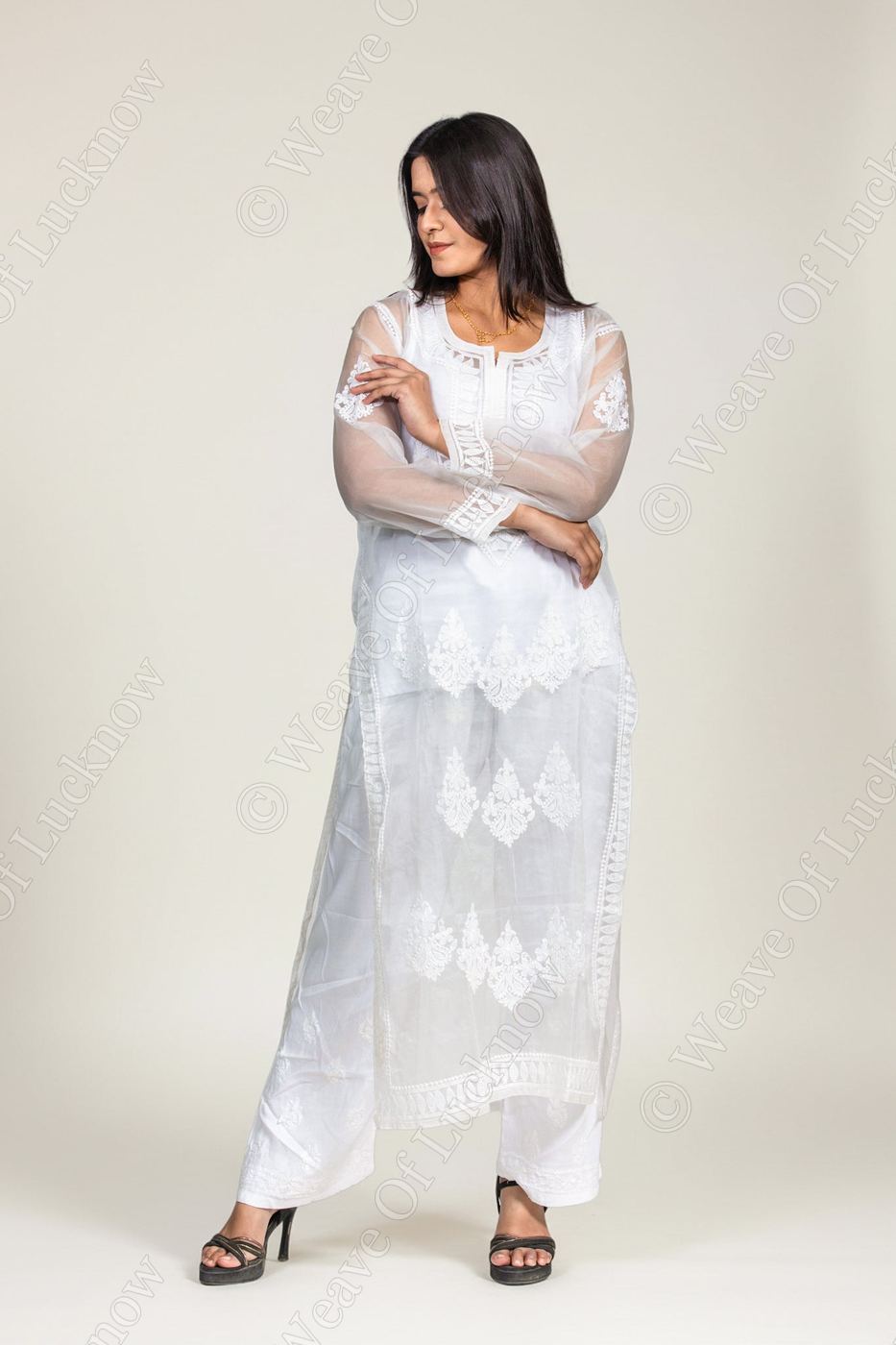 White Organza Chikankari Kurti with Embroidered Hem & Floral Yoke