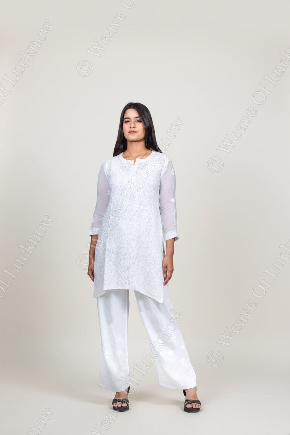Viscose White-on-White Chikankari Short Kurti