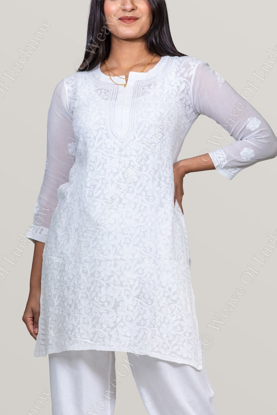Viscose White-on-White Chikankari Short Kurti photo 3