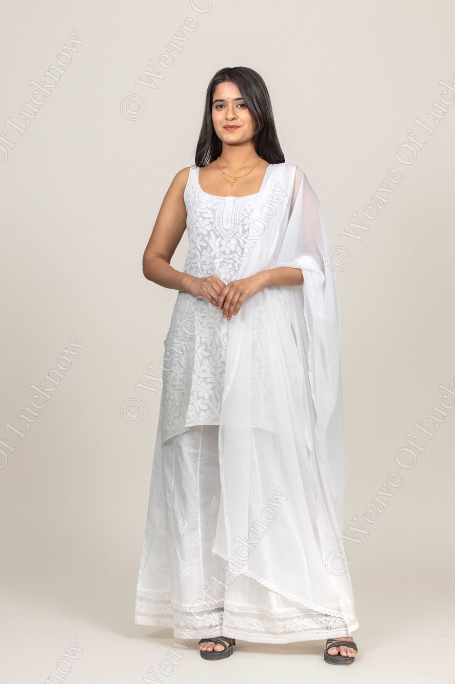 Pure Viscose White-on-White Chikankari Sleeveless Short Kurti