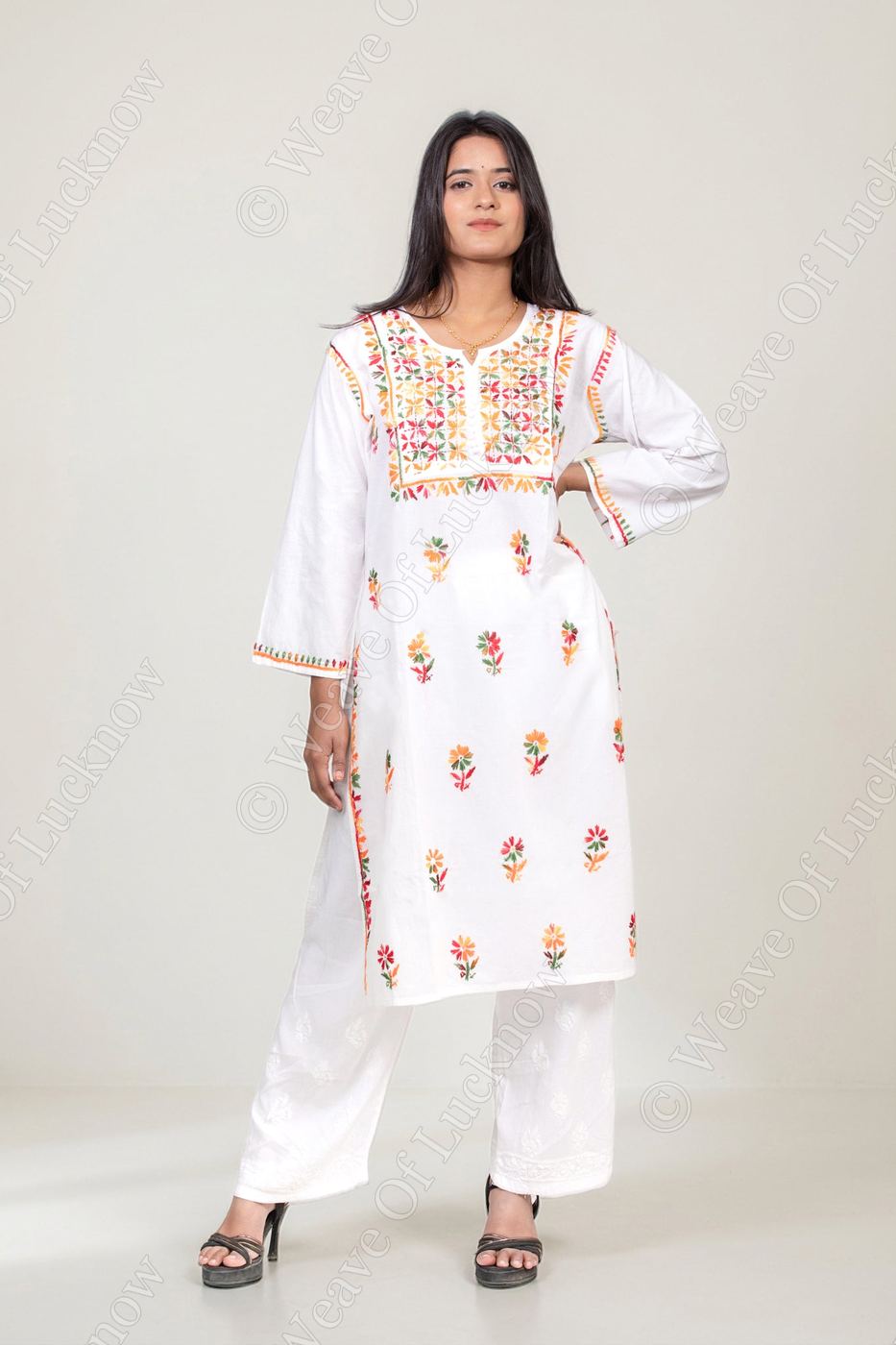 White Cotton Chikankari Kurta with Multicolour Thread Work