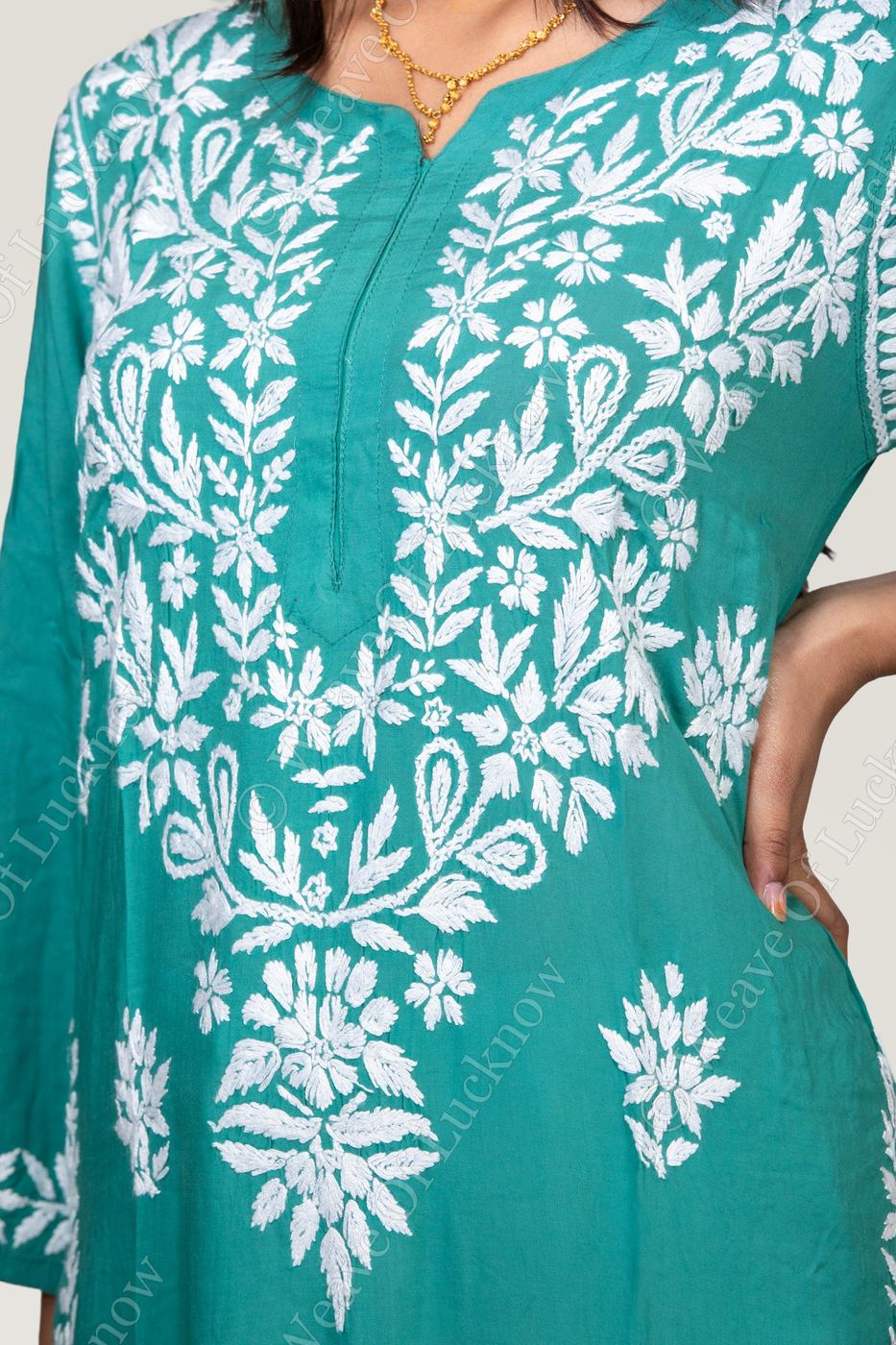 Rich Green Modal Chikankari Kurti with Floral Leaf Work photo 4