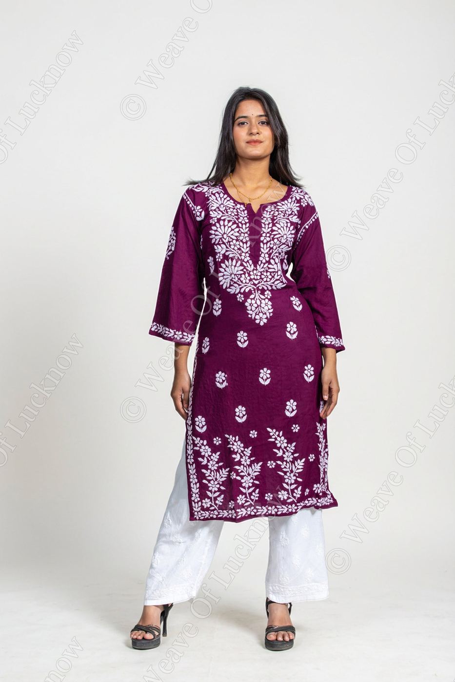 Wine Rayon Chikankari Kurti
