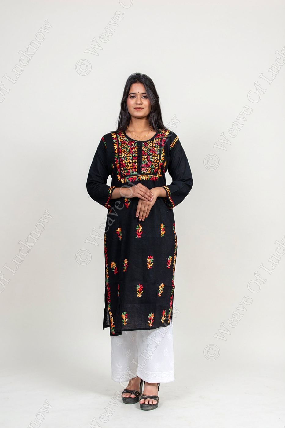 Midnight Bloom: Multi-Color Hand-Embroidered Cotton Kurti