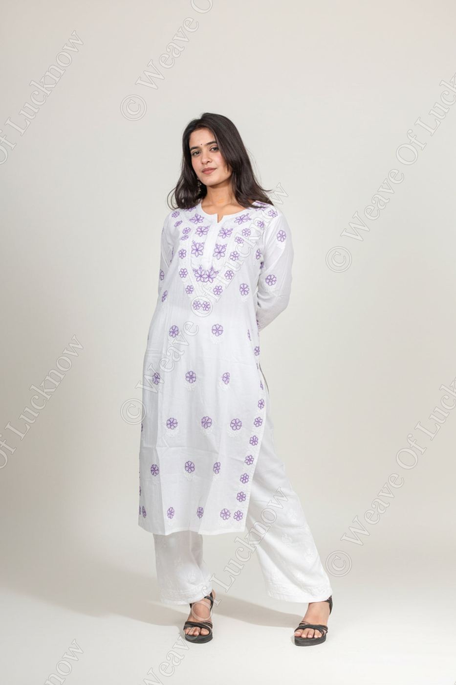 White Cotton Chikankari Kurti with Purple Thread Work