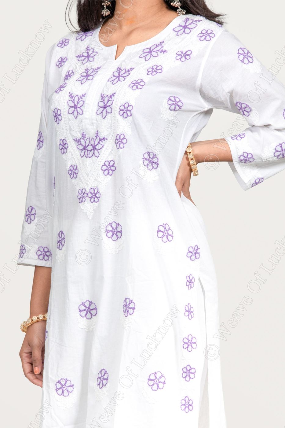 White Cotton Chikankari Kurti with Purple Thread Work photo 3