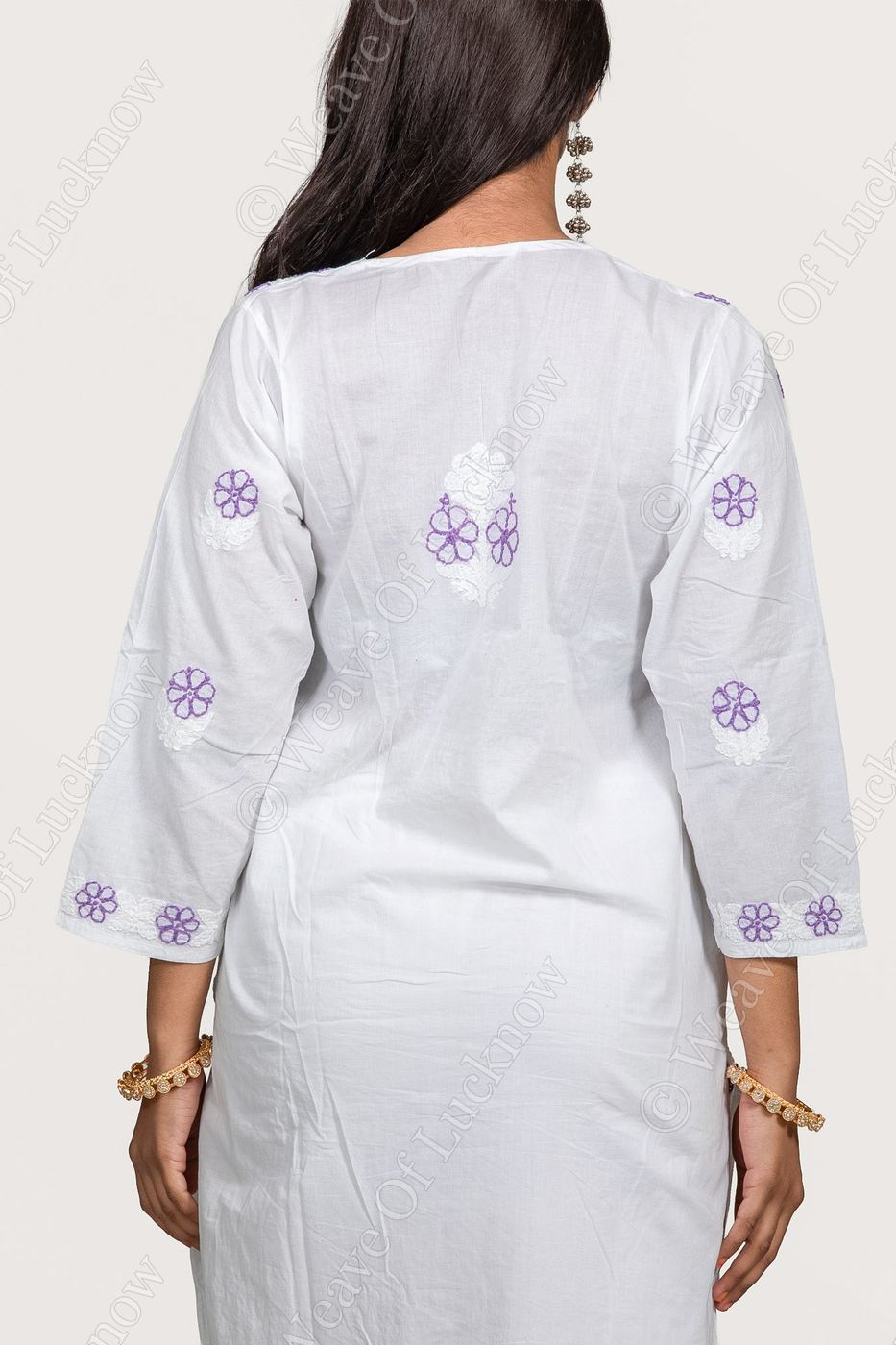 White Cotton Chikankari Kurti with Purple Thread Work photo 4