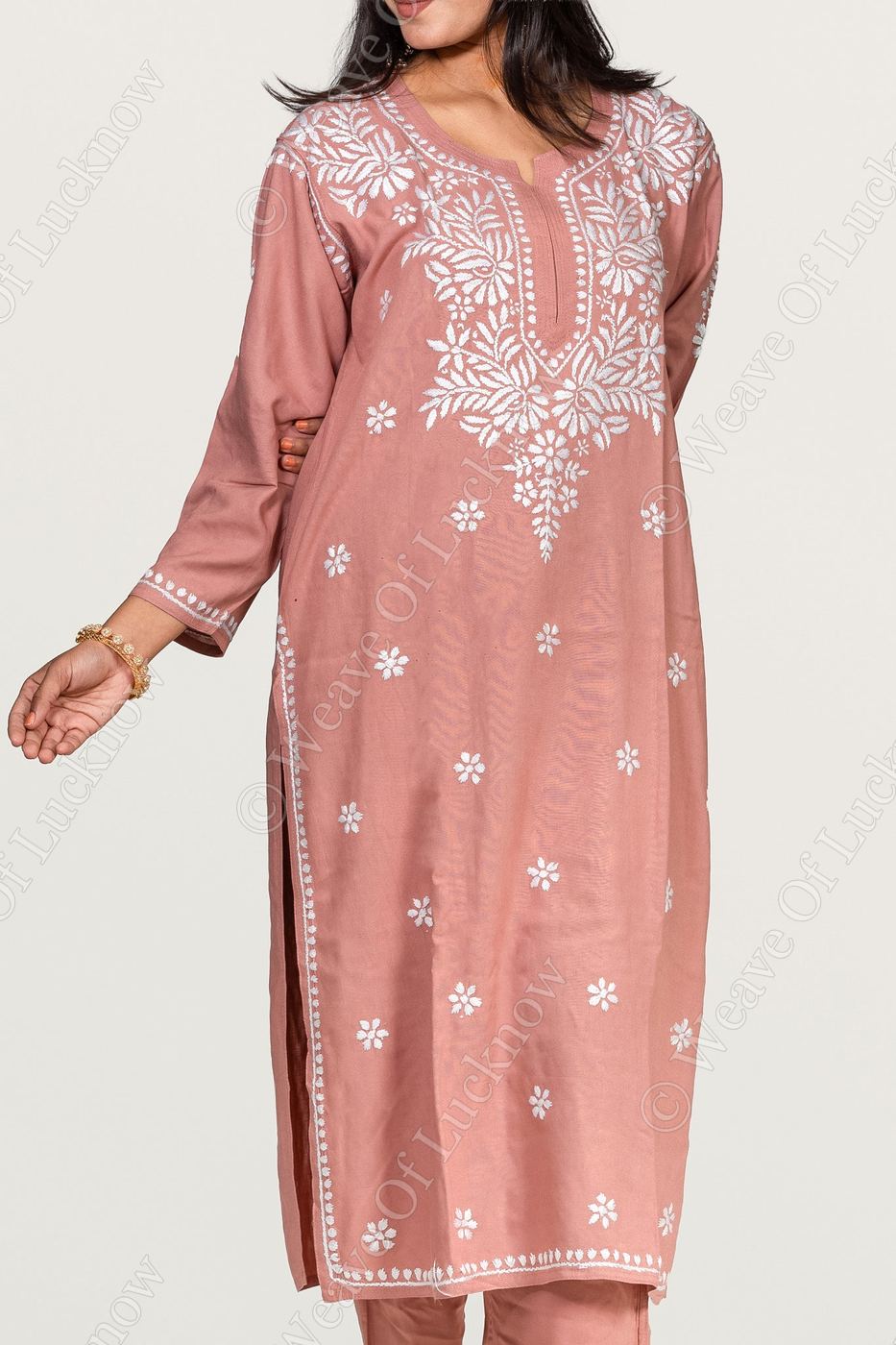 Peach Rayon Chikankari Kurti and Palazzo Set photo 2