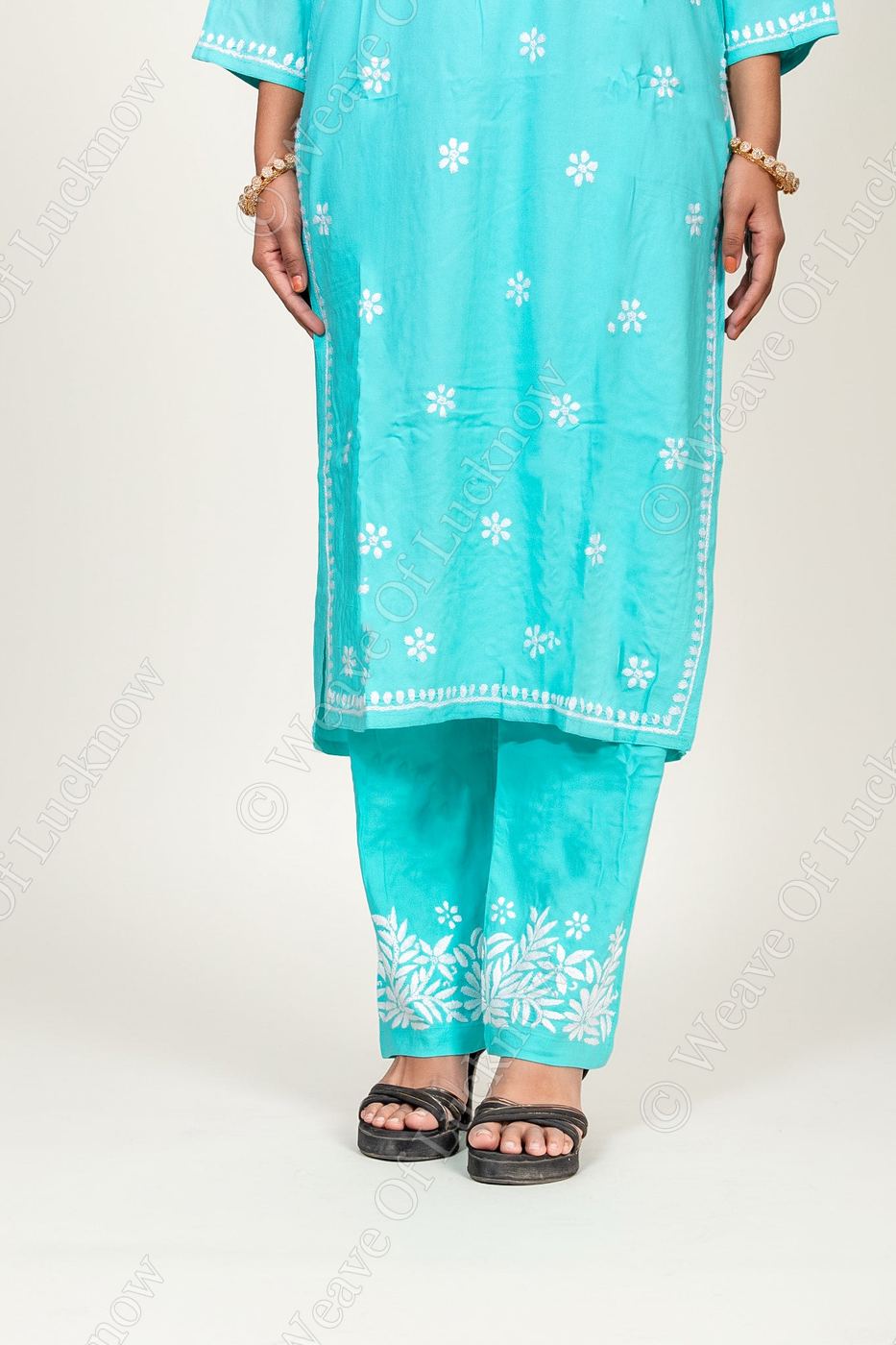 Blue Rayon Chikankari Kurta Palazzo Set photo 4