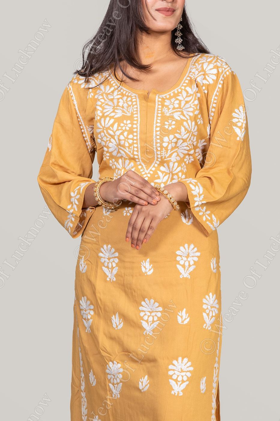 Mustard Rayon Chikankari Kurti & Palazzo Set photo 3