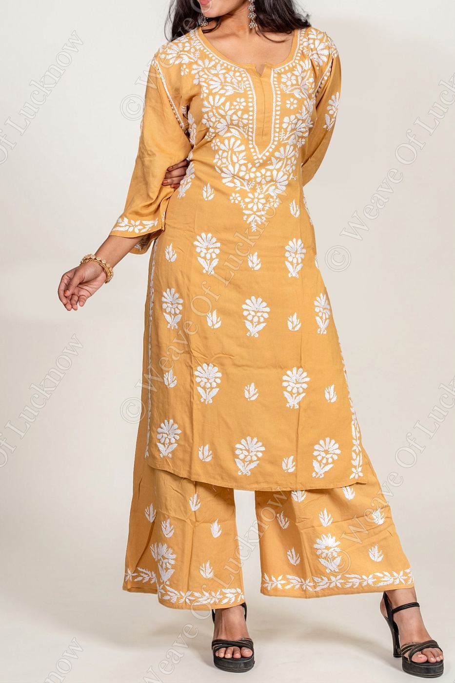 Mustard Rayon Chikankari Kurti & Palazzo Set photo 2