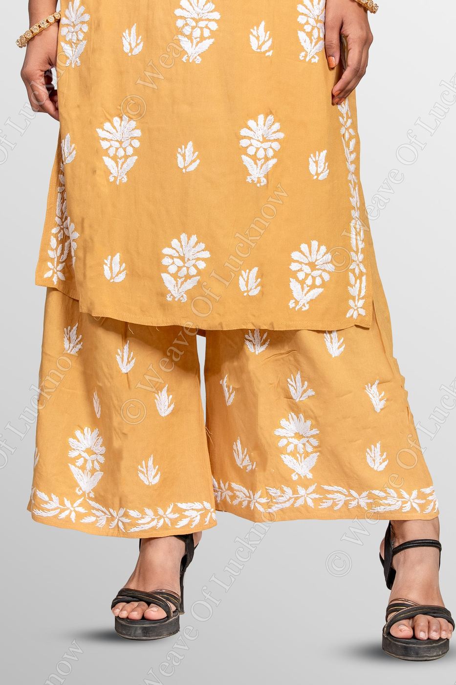 Mustard Rayon Chikankari Kurti & Palazzo Set photo 4