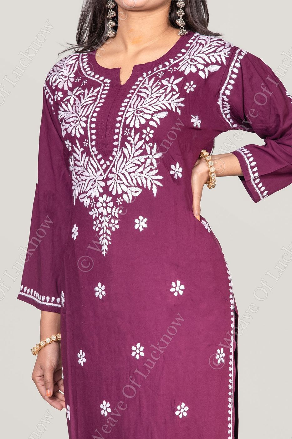 Elegant Wine Hand-Embroidered Chikankari Kurta & Plazzao Set photo 3