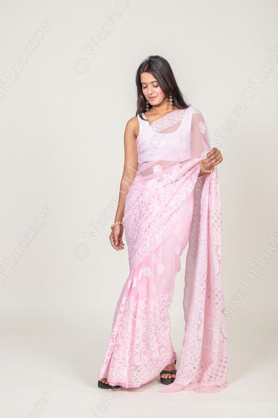 Ethereal Elegance: Baby Pink Chikankari Saree with Kardana & Shadow Work