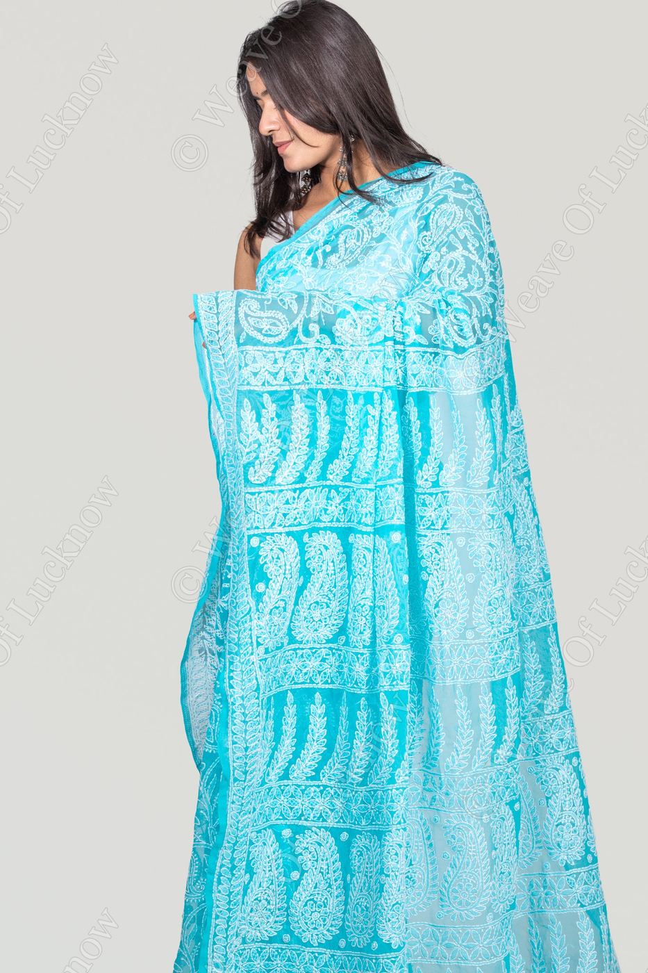 Azure Blue Georgette Chikankari Saree photo 2
